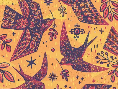 M I G R A T i O N 40winks art print birds folk graphic illustrated illustration poster print swallow wall art yellow