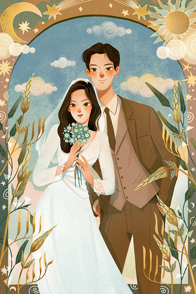 Bride and Groom bridal bride celebration character drawing groom il illustration moon photoshop sky star sun wedding