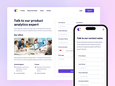 Growthly - SaaS Contact Us Page about us analytics app company contact us design form hero marketing minimal mobile modern responsive saas sales start up tech ui ux website