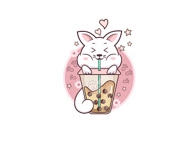 Cute Kawaii Cat With Boba Drink animal boba branding bubble tea cartoon cat chibi cute cute cat drink feminine heart illustration illustrator kawaii kids kitty love pet vector