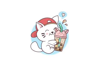 Cute Kawaii Cat With Boba Drink animal animation boba tea bubble drink cartoon cat pet chibi cute cat design graphic design illustration illustrator kawaii kids kitty playing love tshirt vector
