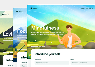 Hiling - Hero section illustration art characters exercise flat flat illustration health healthy hero hero section illustration landing page meditation mental health painting ui ui design ux yoga
