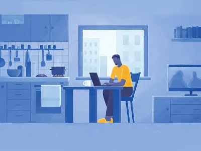Home blue character computer cook cooking flat home illustration kitchen laptop man remote remote work soup work yellow
