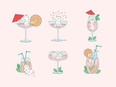 Cats and cocktails 2d cartoon cat champagne cocktail cute doodle fancy illustration kitten sticker vector