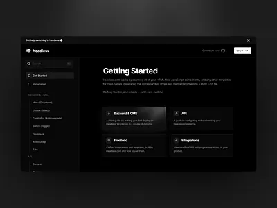 Docs Design for Headless black clean cms code dark dark mode design development docs graphic design headless identity logo minimal online software ui ux