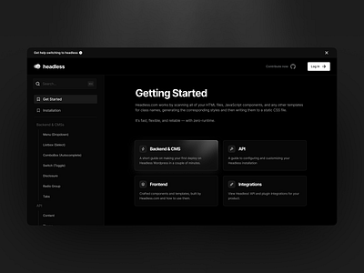 Docs Design for Headless black clean cms code dark dark mode design development docs graphic design headless identity logo minimal online software ui ux
