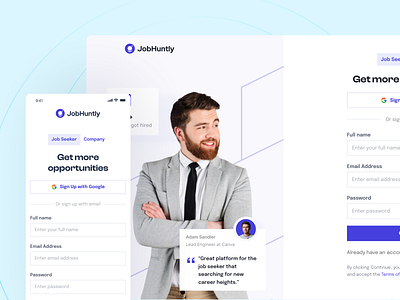 Jobhuntly - Job Seeker Sign Up agency app applicant career design hire job job finder job portal job seeker minimal modern onboarding recruit recruitment sign up ui ux website work finder