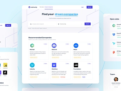 Jobhuntly - Browse Companies & Job Details app browse companies company design find job hr job job details job portal job seeker minimal modern recruitment search search details search job start up ui ux work