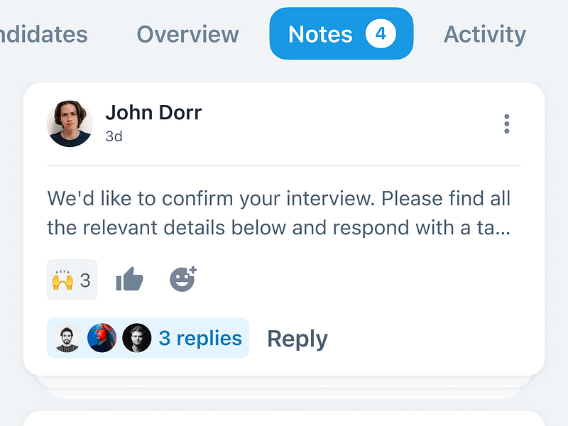 Notes Card Stack - Candidate Profile Notes - Dark & Light Mode ats cards cards stack dark mode figma hiring ios ios design light mode mentions minimal mobile notes product design reactions recruiting stack threads ui