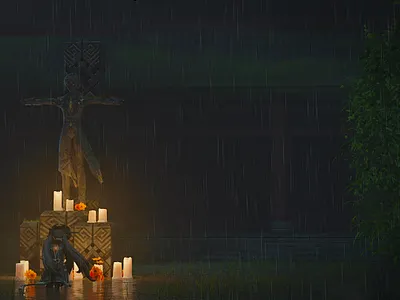 Mourning 2d 3d art b3d blender blender3d character china design genshin illustration impact landscape rain