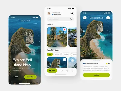 Bali Travel App app bali design fresh glass glassmorphism green home light mode onboarding travel trending ui uiux