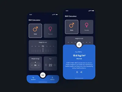 BMI Calculator App - Dark Mode appdesign bmi bmiapp dailyui darkmode healthapp healthy minimal ui ui inspiration uiux user interface design