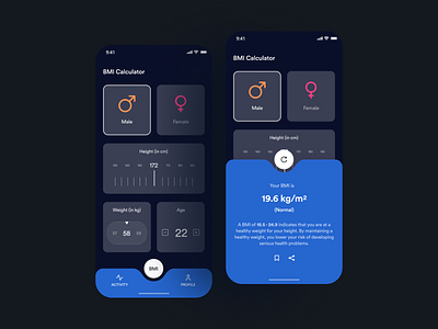 BMI Calculator App - Dark Mode appdesign bmi bmiapp dailyui darkmode healthapp healthy minimal ui ui inspiration uiux user interface design