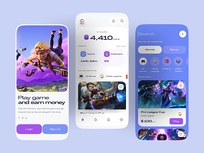 Play And Earn App app design boro team concept creative gambling game app game list interface minimal nft onboarding overview p2e play to earn search ui ux wallet