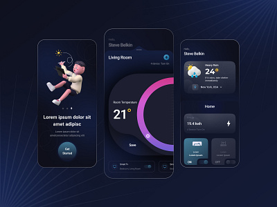Smart Home App - UI Design device futurism glassmorphism graphic design home home automation mobile app mobile design mobile ux monitoring motion graphics remote control smart device smart home smart home app smart home mobile ui ui design ui designer