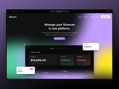 Vibrant - Framer Template for Startups app clean crypto dark design fintech framer gradient graphic design landing landingpage money motion nocode noise template ui ux website