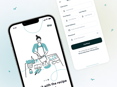 Recipely - Onboarding & Create Account app cook cooking delivery design food healthy illustration meal minimal mobile nutrition onboarding recipe sign up ui ux