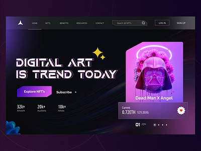 NFT Marketplace Website landing page 3d design adobe xd crypto currency dark mode darkui ethereum fancy design figma illustration landing page market place metamask modern design nft uidesign ux website webui xd