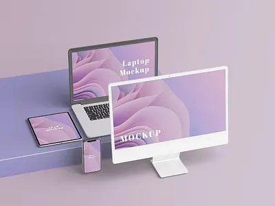 FREE Multi Devices Mockup abstract branding clean design device devices mockup display graphic design illustration imac laptop macbook mockup motion graphics multi devices photoshop realistic scences simple ui