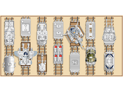 A set of military locomotives and wagons. carrier model railroad transportation