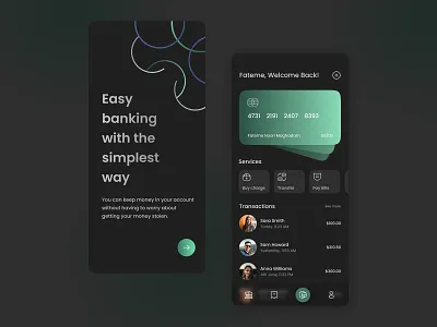 Banking services - Mobile app app design banking app banking services card design dark mode green mobile design mobile ui online payment online services transaction transfer ui ui design ux