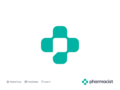 Pharmacist – Logo Design brandforma branding bubble care chat connected cross design icon letter p logo logotype mark medical negative space online pharmacist sign soft