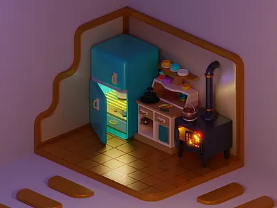Little kitchen (Night version) 3d design illustration