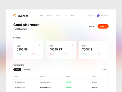 Payoneer Redesign Concept balance bank app bank card card finance app gradient payment app payment system payment ui payoneer stripe ui ux web webdesign website