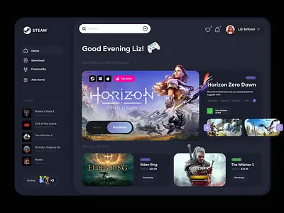 Steam App Redesign app dark design dashboard fantasy figma gaming online playstation shopping steam store ui user experience ux videogame xbox