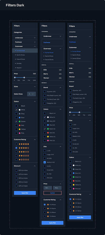 Figma dashboard template. Filters in ecommerce dark accordion app dark dashboard design ecommerce expand figma filters slider templates ui ui kit