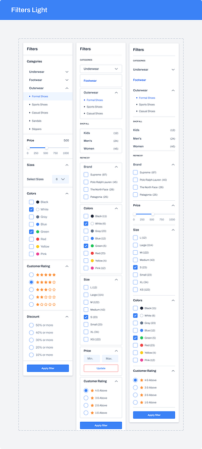 Figma dashboard template. Filters in ecommerce app check checkbox colors design ecommerce figma filter filters rating slider templates ui ui kit