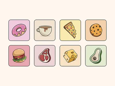 Foodies - Icons Set avocado burger cheese coffee cookie doughnut food food icon foodies hamburger icon illustration meat pizza steak vector