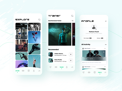 Fitness App | Explore Workouts & Trainers app design coach exercise explore fitness fitness video graphic design gym gym app health mobile design profile social post trainer ui uidesign uiux user interface design ux workout app