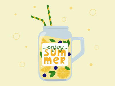 Enjoy Summer berry card cartoon colorful cool design enjoy summer fresh graphic design greeting card hand drawn icon illustration lemon lemonade lettering mint leaf summer vector