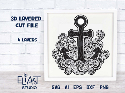 Anchor Layered Cut File 3d svg anchor cut file cutting file design layered svg marine ocean svg wall decor wave