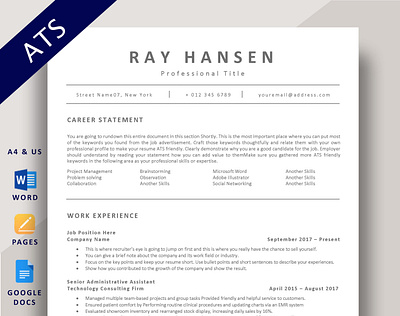 ATS Resume Template applicant tracking ats compatible ats friendly cv ats resume editable resume functional resumes one column cv template resume template simple resume simple traditional