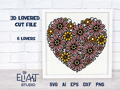 Layered Floral Heart SVG Cut File 3d svg cut file cutting file floral heart flowers heart layered svg love svg wall decor