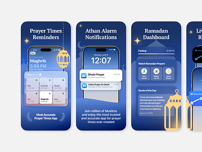 Ramadan-Themed Prayer Times App Screenshots app app icon app store aso branding design gradient graphic design icon illustration ios iphone mobile mockup modern ramadan screenshots templates typography ui