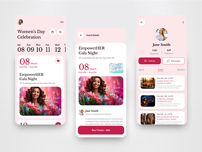 Women's Day Celebration – Event App appconcept celebration design empowerment eventapp figma march8 minimalui mobile mobiledesign uiux web design womensday