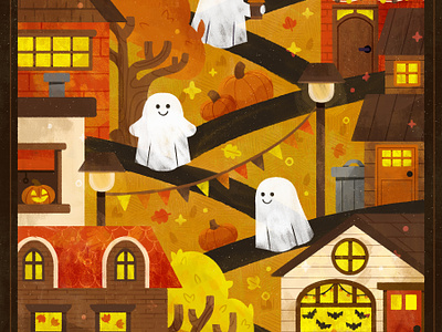 Day 14 - TOWN + GHOST art autumn cute design digital digital illustration drawing fall ghost halloween illustration night peachtober peachtober22 robin sheldon town