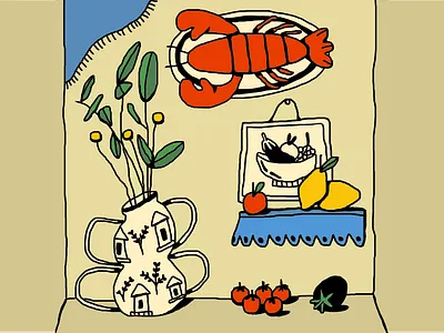 Still Here Still Life - Week 89 composition design flat fruit graphic design illustration illustrator lobster still here still life still life vase vector