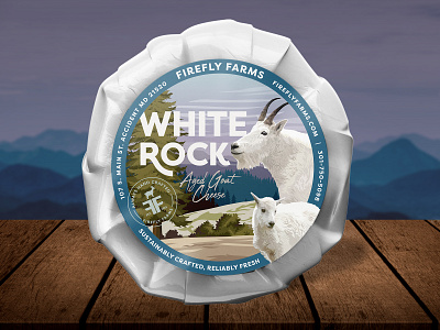 Firefly Farms White Rock Label aged branding cheese crafted cured dairy design fresh goat illustration label mockup mountain overlook packaging purple rock scenery top white