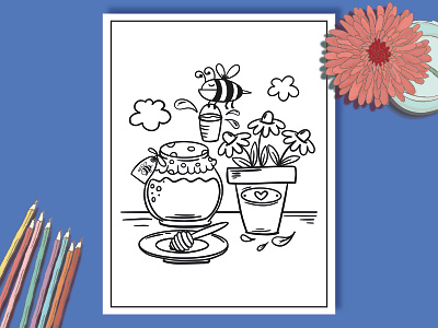 Coloring page with bee and honey bee and honey book cartoon coloring coloring page flat kdp kids line outline sketch