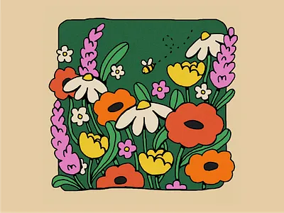 Peachtober Day 11 - Field bee daily art daisy design field flat flower field flowers graphic design illustration illustrator inktober lilac meadow peachtober peachtober day 11 poppies poppy vectober vector