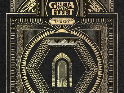 Greta Van Fleet - Dreams In Gold Tour Poster art deco collage dark design engraving foil frame gig poster gold greek greta van fleet illustration intricate merch modern poster retro rock roman vintage