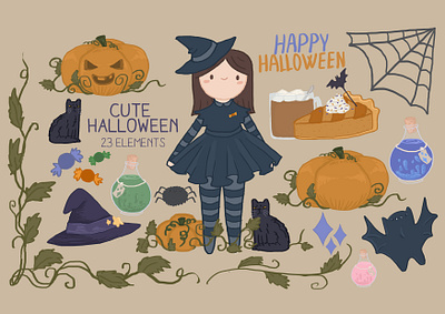 Cute Halloween Illustrations set art cat clipart cute graphic design halloween halloween illustrations illustration pumpkin witch witch illustration