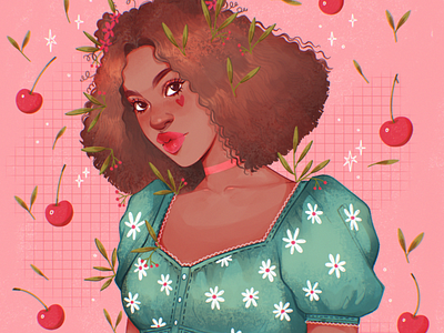 Cherry art branding cherry design flowers girl girls graphic design hair hairstyle illustration leaves logo make up outfit portrait ui