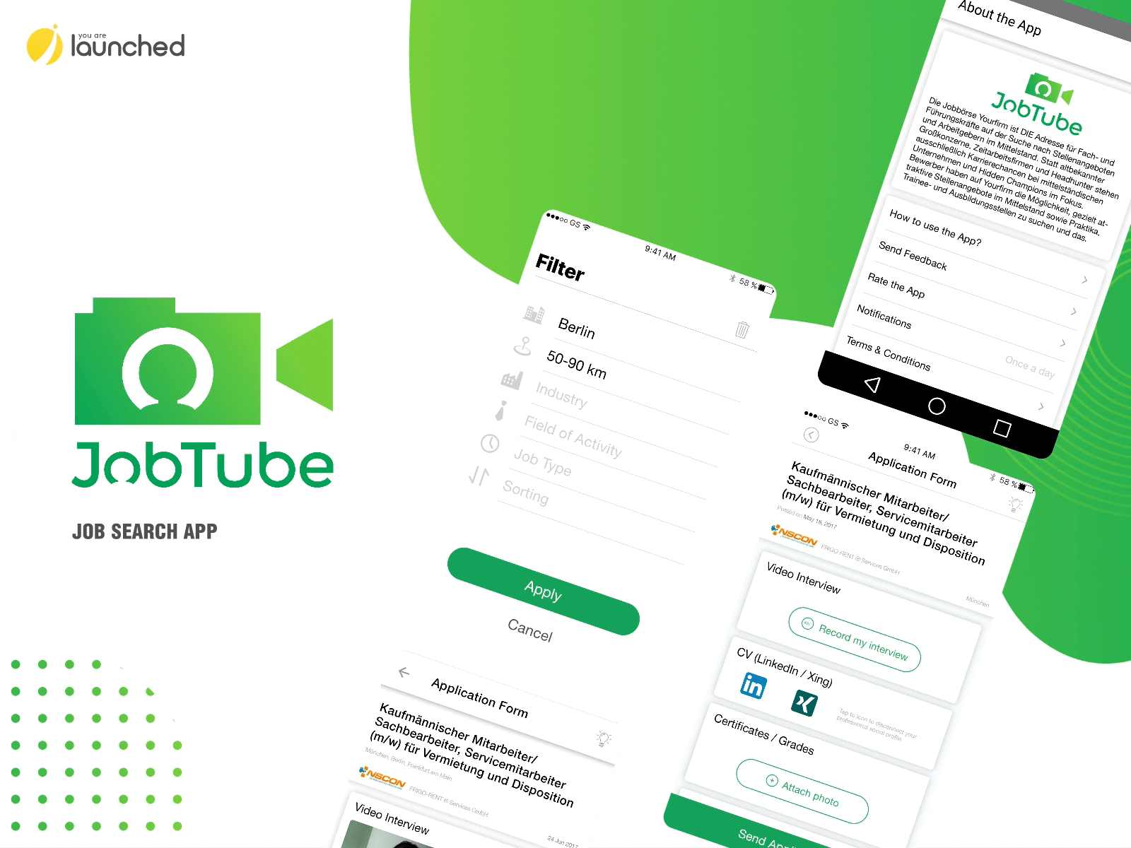 JobTube - job search app android app development android app development company animation application creative design development green interface ios ios app development ios app development company iphone app development iphone app development company job mobile mobile app development studio ui ux