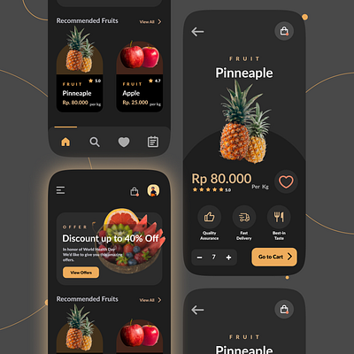 Fruit Shop Mobile App - UI app black branding dark design fruit fruit mobile app fruit ui fruitshop fruitshop mobile mobile app prototype mobileapp pinneaple pinneaple ui ui ui design ui fruit mobile ui prototype