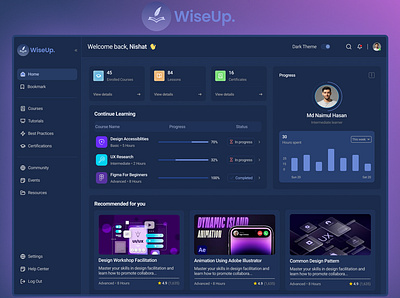 WiseUp Dashboard - A Educational Website Dashboard cleanui dashboarddesign designinspiration educationui elearningplatform modernui uidesign uiuxdesign userexperience userinterface uxdesign 🔹 webdesign